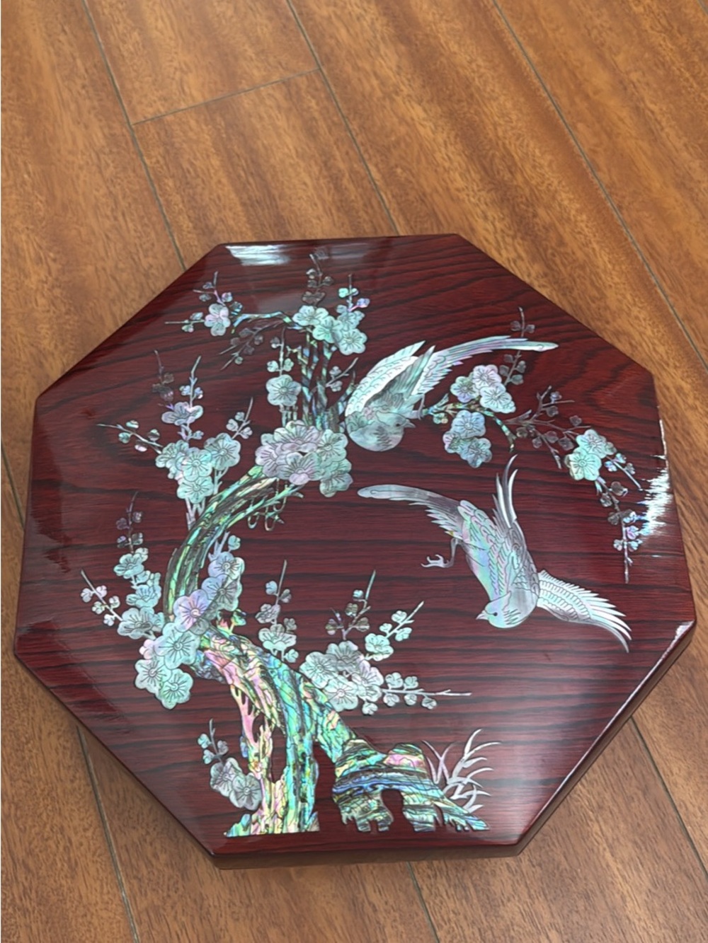 Octagonal Wood Box with Mother-of-Pearl Bird & Blossom Inlay - Dark Red